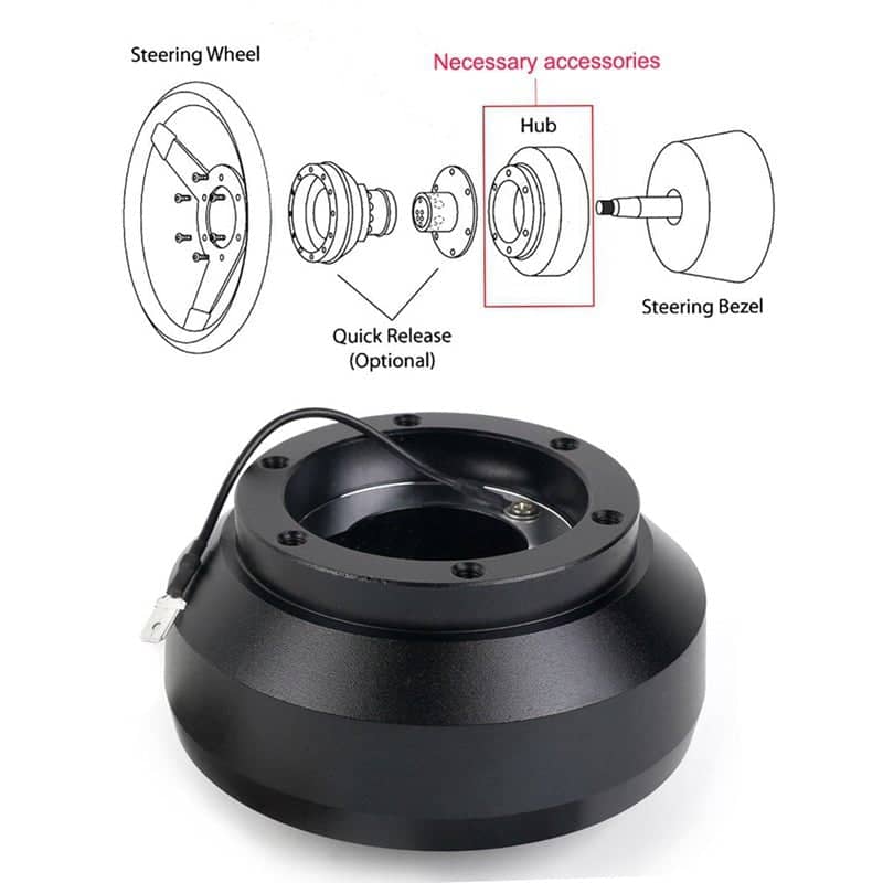 Black aluminum hub adapter for steering wheel installation in vehicles for hub adapter installation