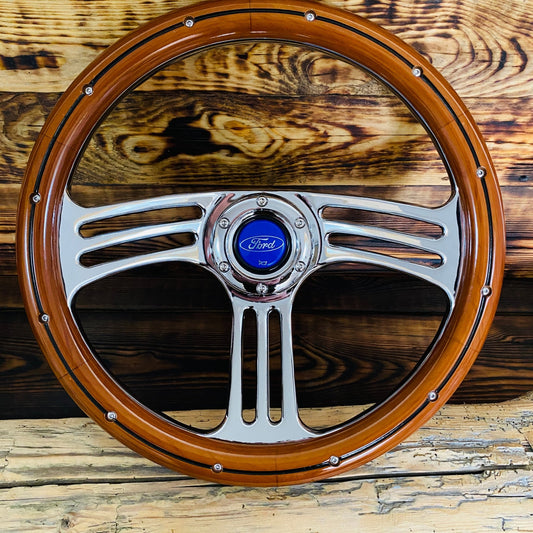 14" Ford Steering Wheel Wood & Polished Metal - Punk Wheels