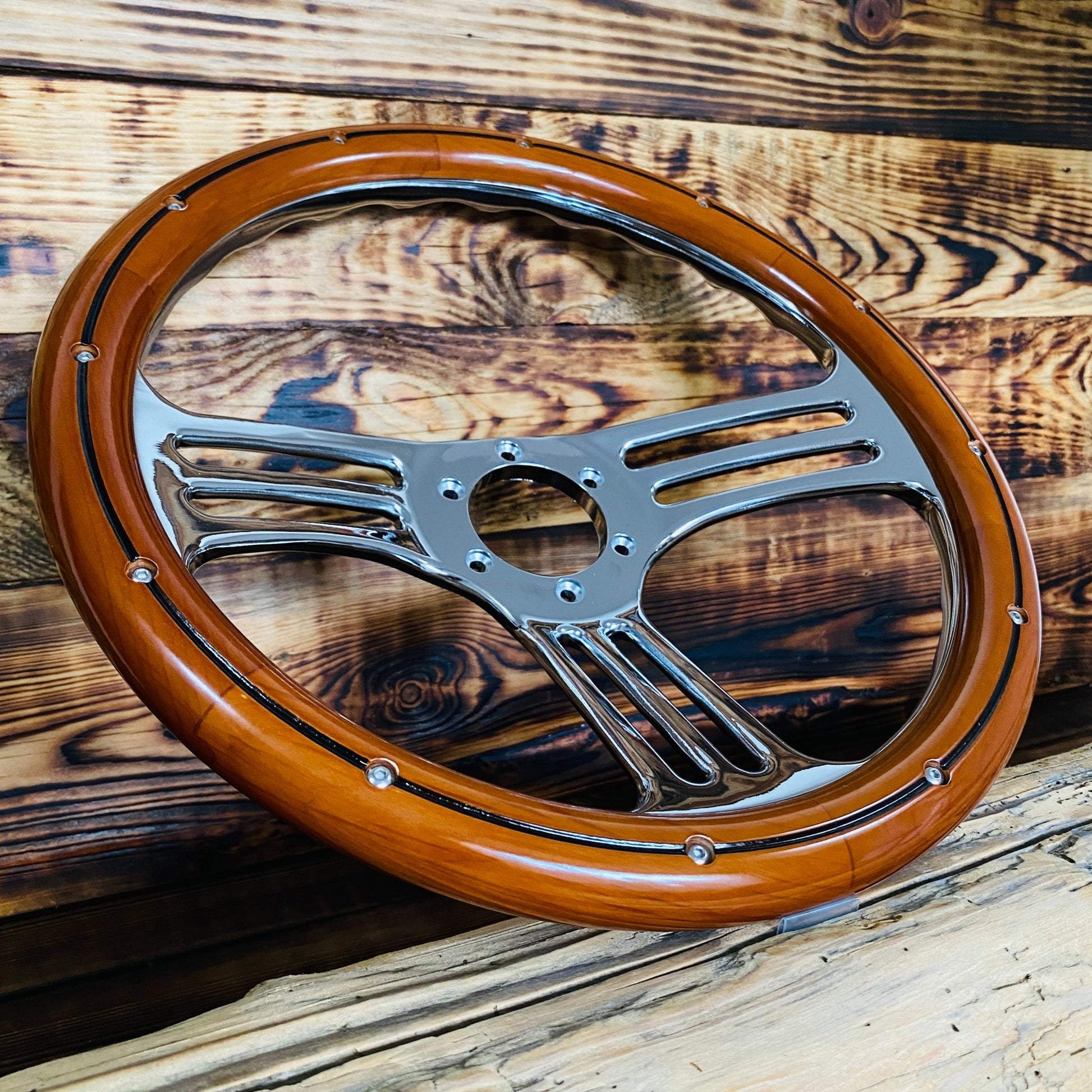 14" Ford Steering Wheel Wood & Polished Metal - Punk Wheels