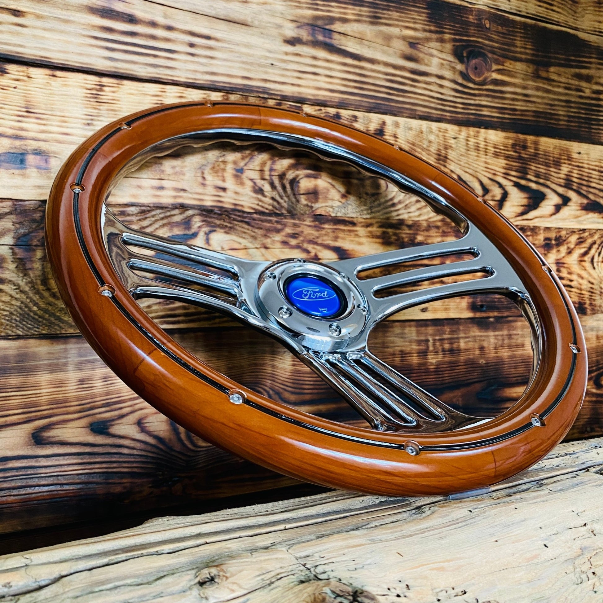 14" Ford Steering Wheel Wood & Polished Metal - Punk Wheels