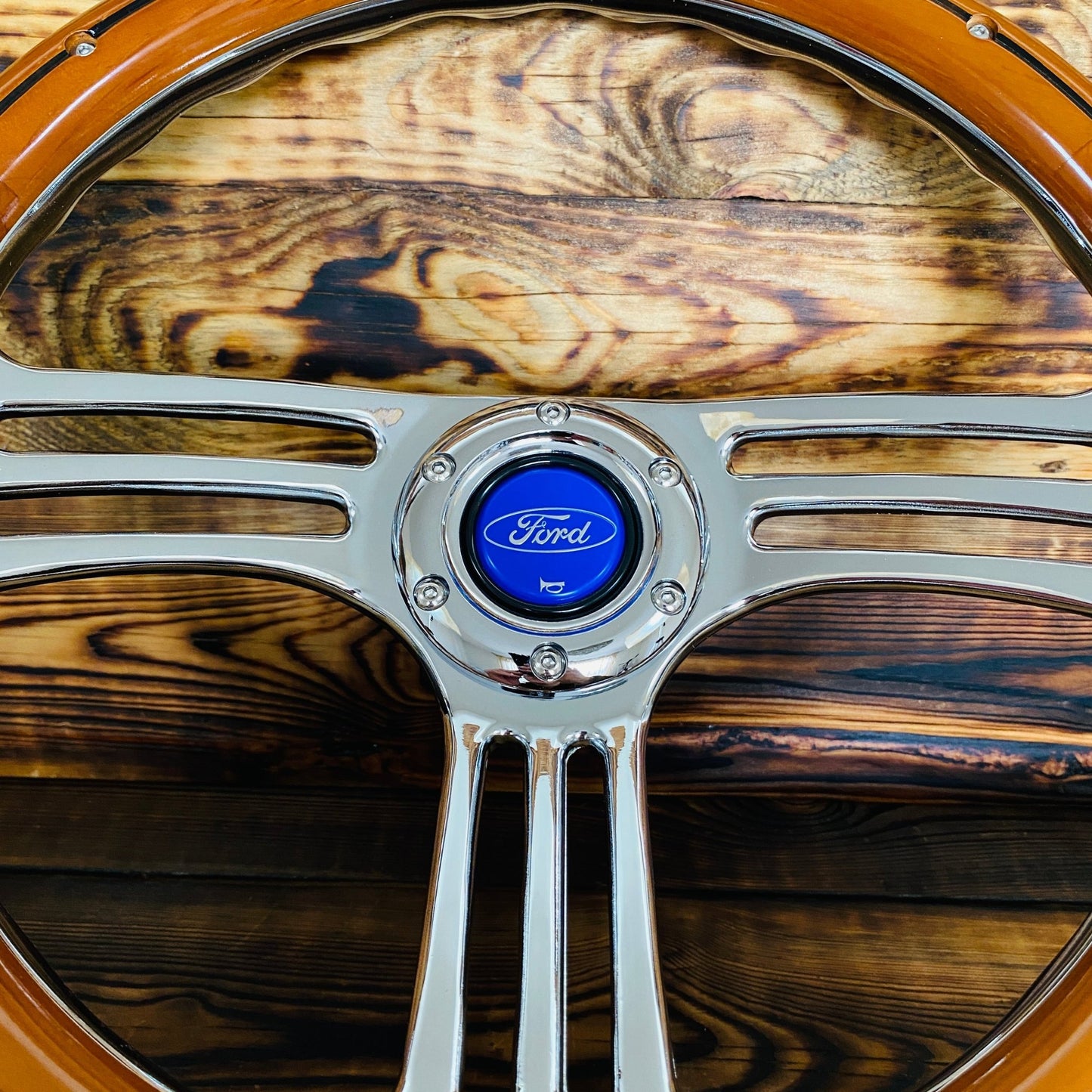 14" Ford Steering Wheel Wood & Polished Metal - Punk Wheels