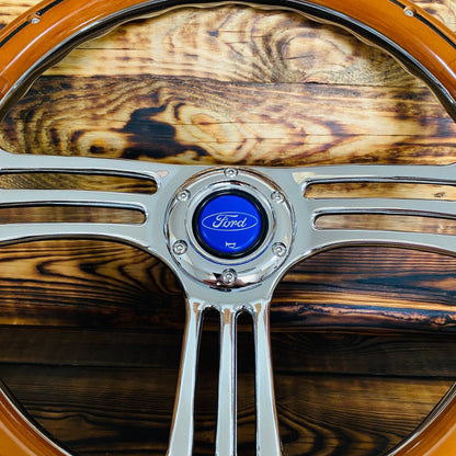 14" Ford Steering Wheel Wood & Polished Metal - Punk Wheels