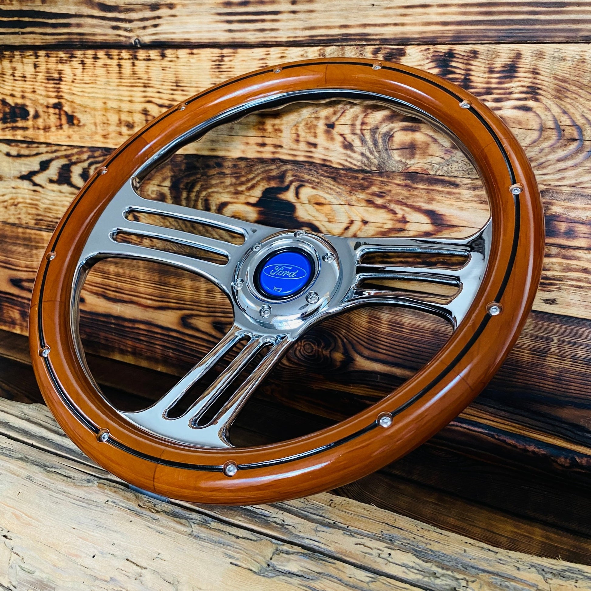 14" Ford Steering Wheel Wood & Polished Metal - Punk Wheels