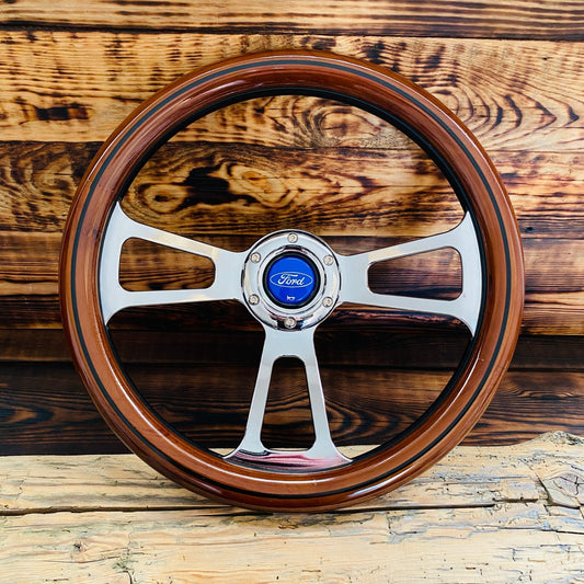 14" Ford Wooden Steering Wheel Wood & Polished Metal - Punk Wheels