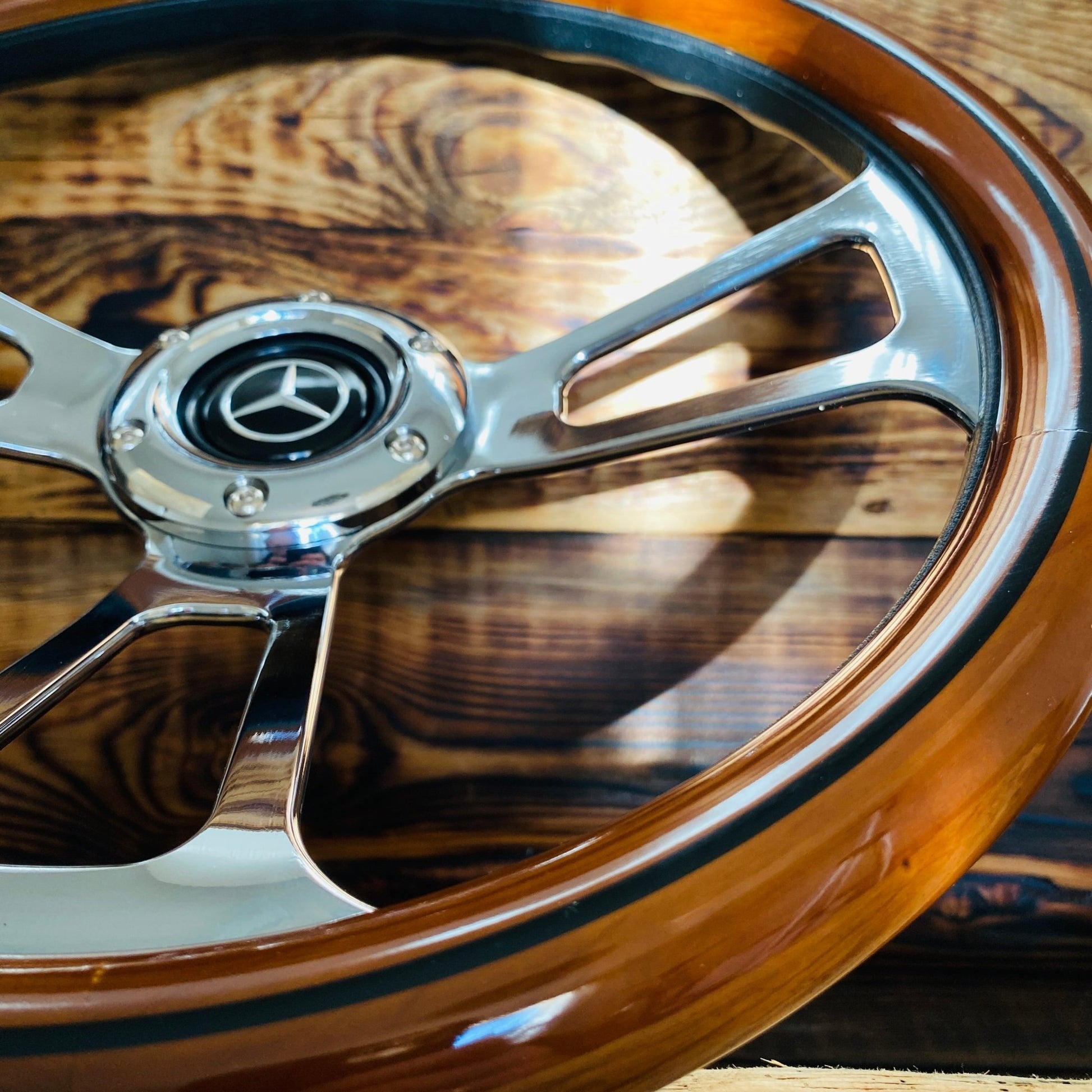 14 inch wood steering wheel Mercedes by Punk Wheels with polished chrome spokes and classic design