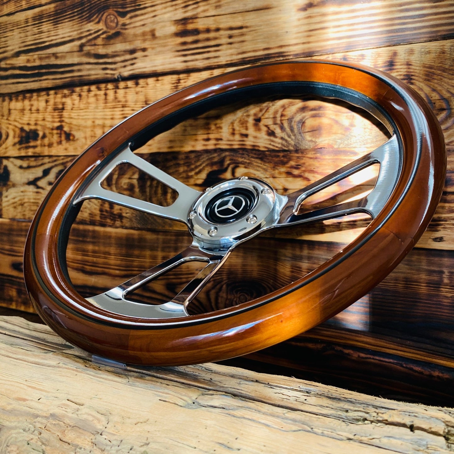 14" Real Wood Steering Wheel With Mercedes - Benz Horn Button - Punk Wheels