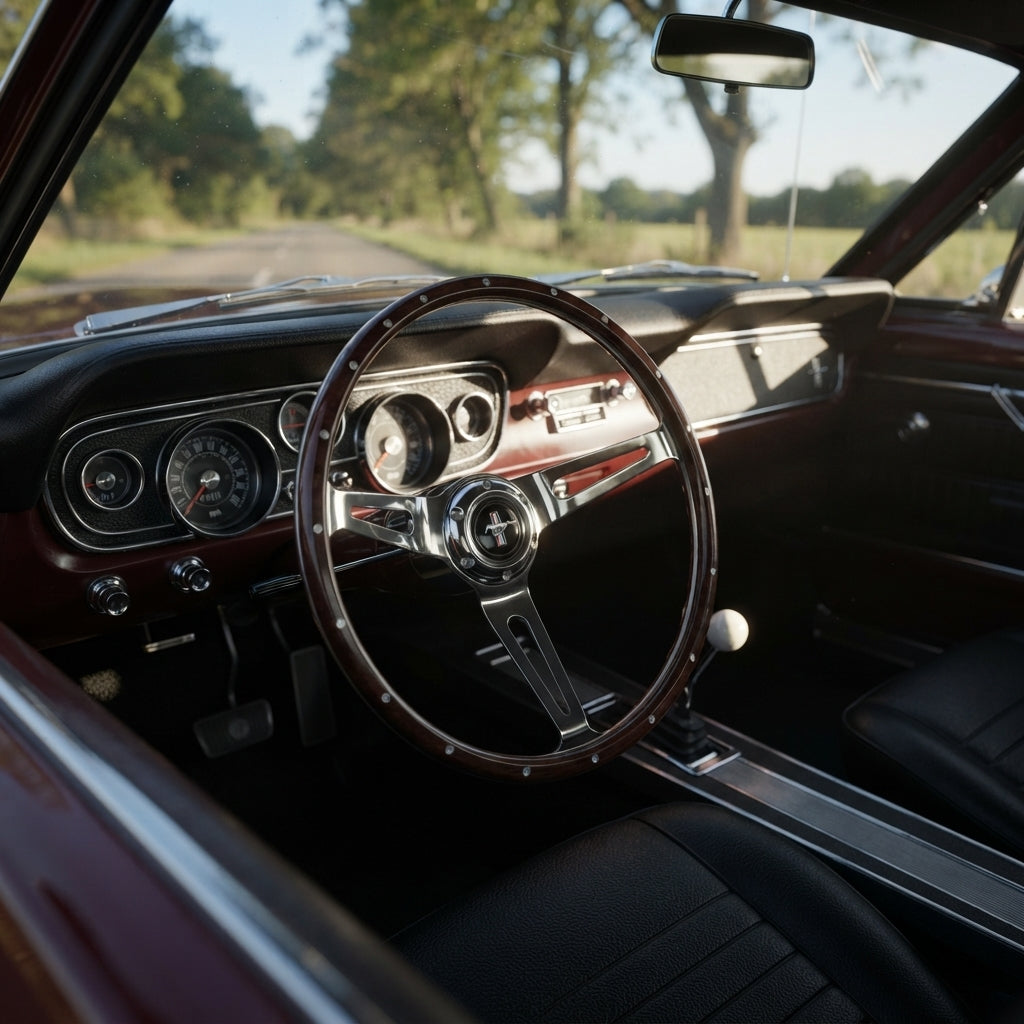 A close-up view of a classic car interior featuring a dark wood steering wheel, black leather seats, vintage dashboard gauges, and a view of a country road lined with trees through the windshield.
