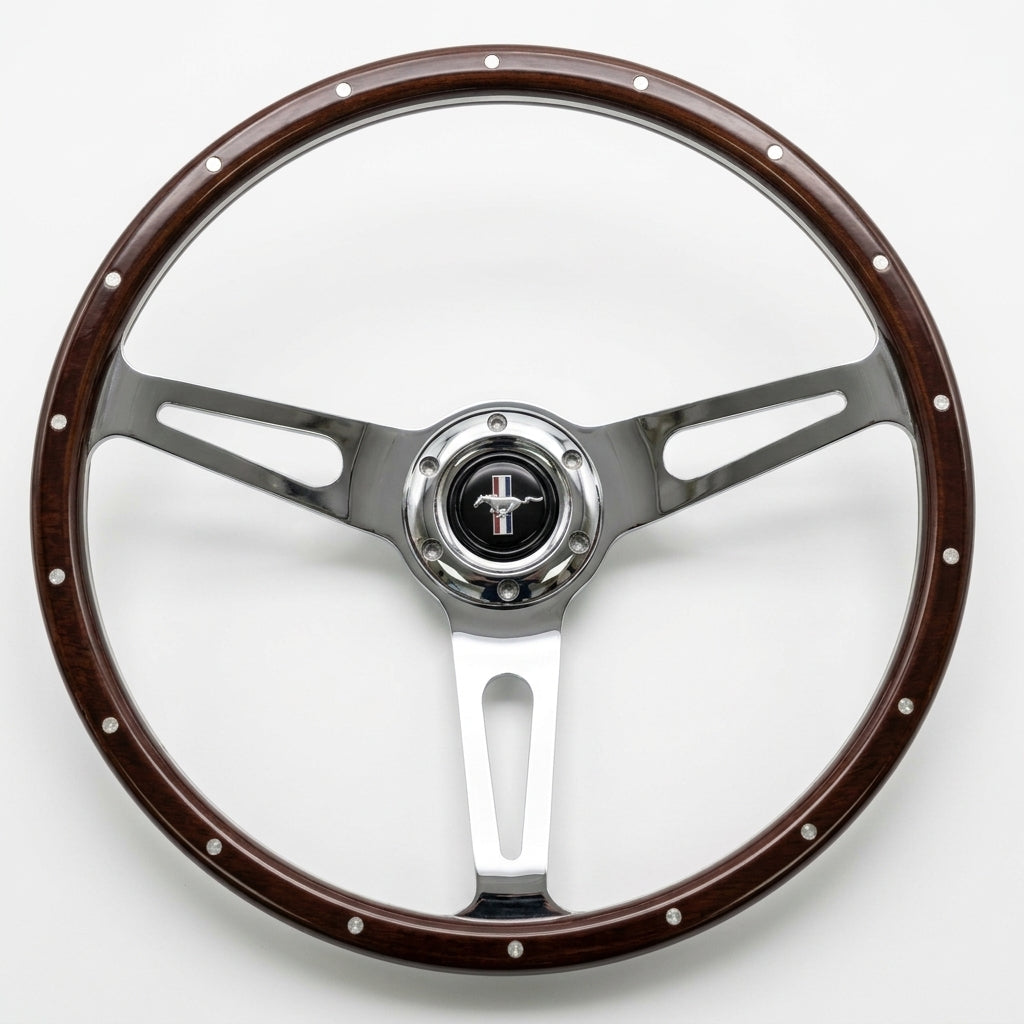 A classic Ford steering wheel featuring a dark brown wood-grain rim with silver rivets and polished chrome three-spoke metal arms, centered with a chrome hubcap displaying the black and silver Ford pony logo.