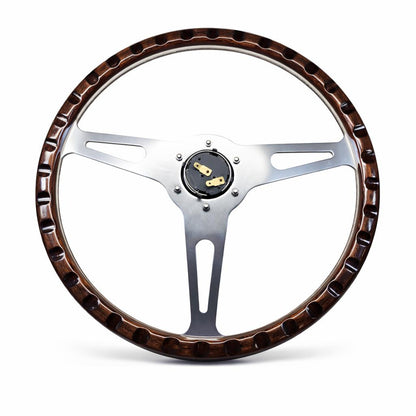 A vintage-style three-spoke steering wheel with a dark brown wood-look rim and polished silver metal spokes, shown on a clean white background.