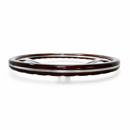 A dark brown wooden bangle bracelet with a polished silver metal inner band, displayed on a clean white background.