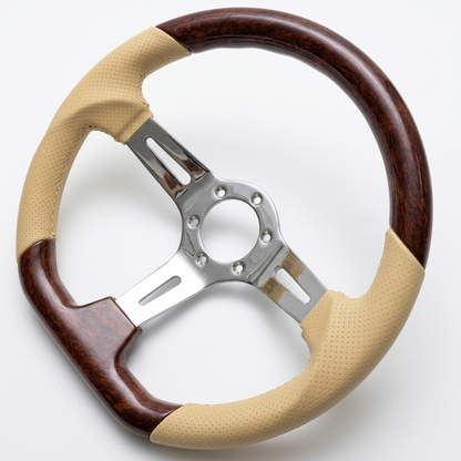 A luxury car steering wheel featuring a dark brown wood grain finish on the outer rim and spokes, accented with beige perforated leather grips on the lower sections.