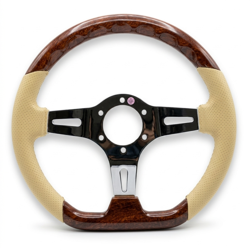 A custom car steering wheel featuring a dark brown wood grain pattern on the top and lower sections, beige perforated leather on the lower sides, and a glossy black center with silver accents.