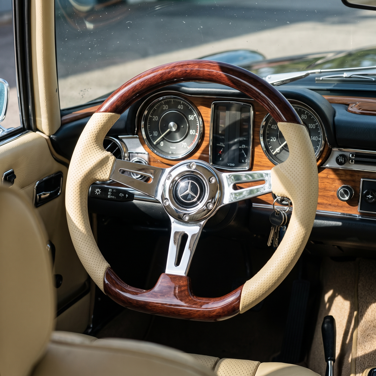 A close-up of a classic Mercedes-Benz car interior, focusing on the steering wheel. The steering wheel features a rich wood grain finish with cream-colored leather grips and a polished chrome Mercedes-Benz star in the center.