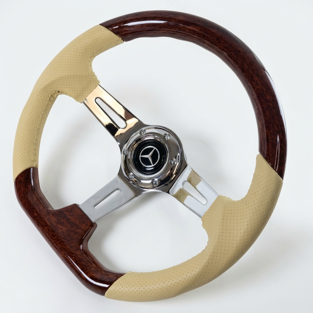A luxury car steering wheel featuring dark brown wood-grain spokes and upper rim, beige perforated leather lower spokes and grips, and a polished chrome center hub with a Mercedes-Benz star logo.