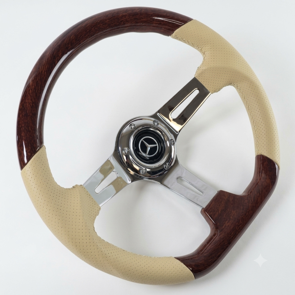 A custom car steering wheel featuring a glossy dark brown wood grain finish on the upper and lower spokes, with beige perforated leather grips on the left and right sides, and a polished chrome center hub.