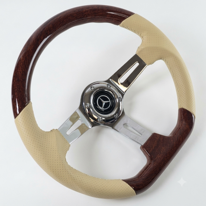A custom car steering wheel featuring a glossy dark brown wood grain finish on the upper and lower spokes, with beige perforated leather grips on the left and right sides, and a polished chrome center hub.