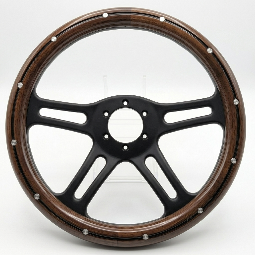 A custom car steering wheel featuring a glossy black five-spoke center and a polished dark brown wood rim accented with silver-colored decorative rivets.