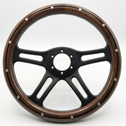 A custom car steering wheel featuring a glossy black five-spoke center and a polished dark brown wood rim accented with silver-colored decorative rivets.