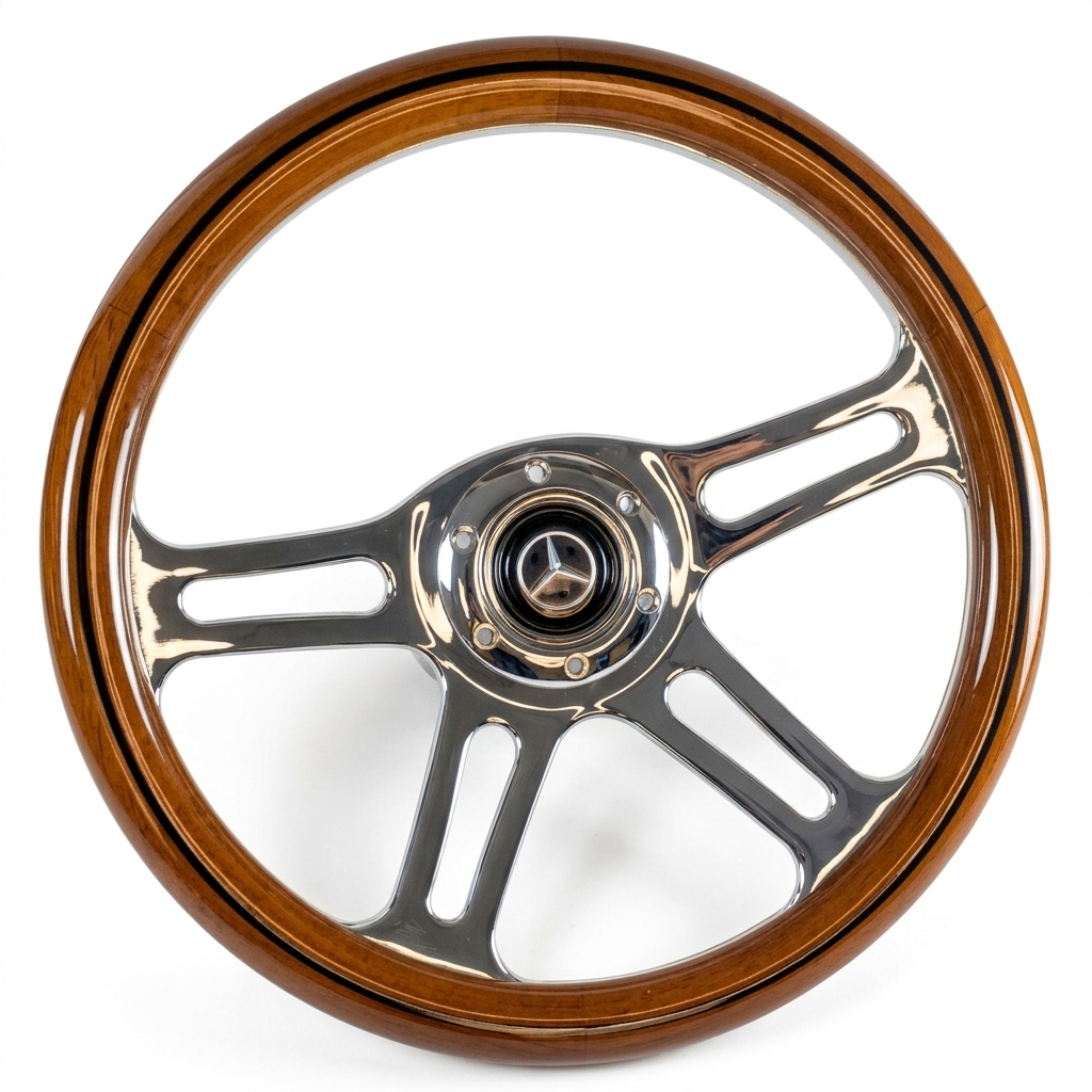 A classic vintage-style steering wheel featuring a polished brown wood rim and a polished chrome five-spoke hub, shown on a clean white background.
