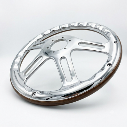 A chrome motorcycle steering wheel rim with a polished silver finish and a dark brown wood-grain outer edge, shown on a light gray background.