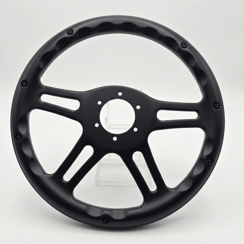 A matte black multi-spoke steering wheel rim with a central hub and decorative outer lip, photographed on a clean light gray studio background.