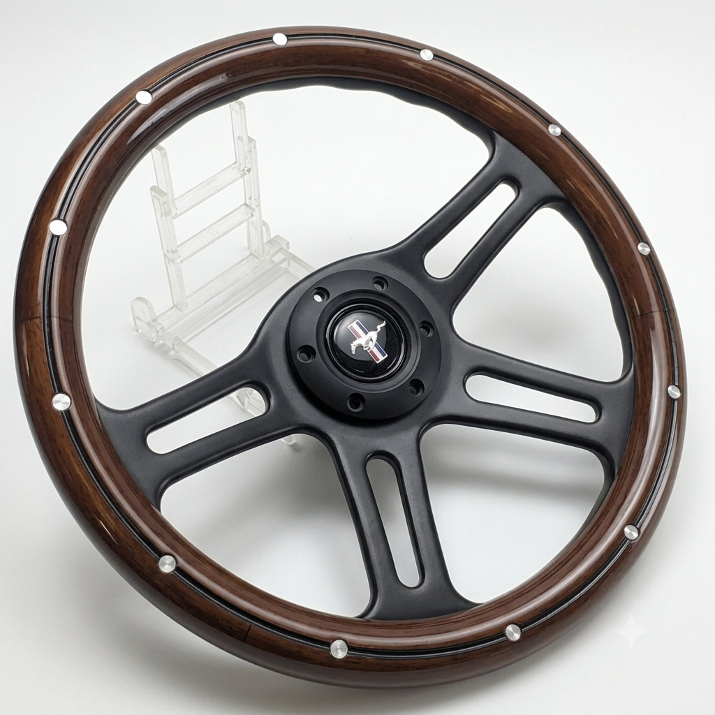 A four-spoke steering wheel with a dark brown wood-grain outer rim and a matte black center, accented with silver rivets, displayed on a white background with a clear plastic stand.