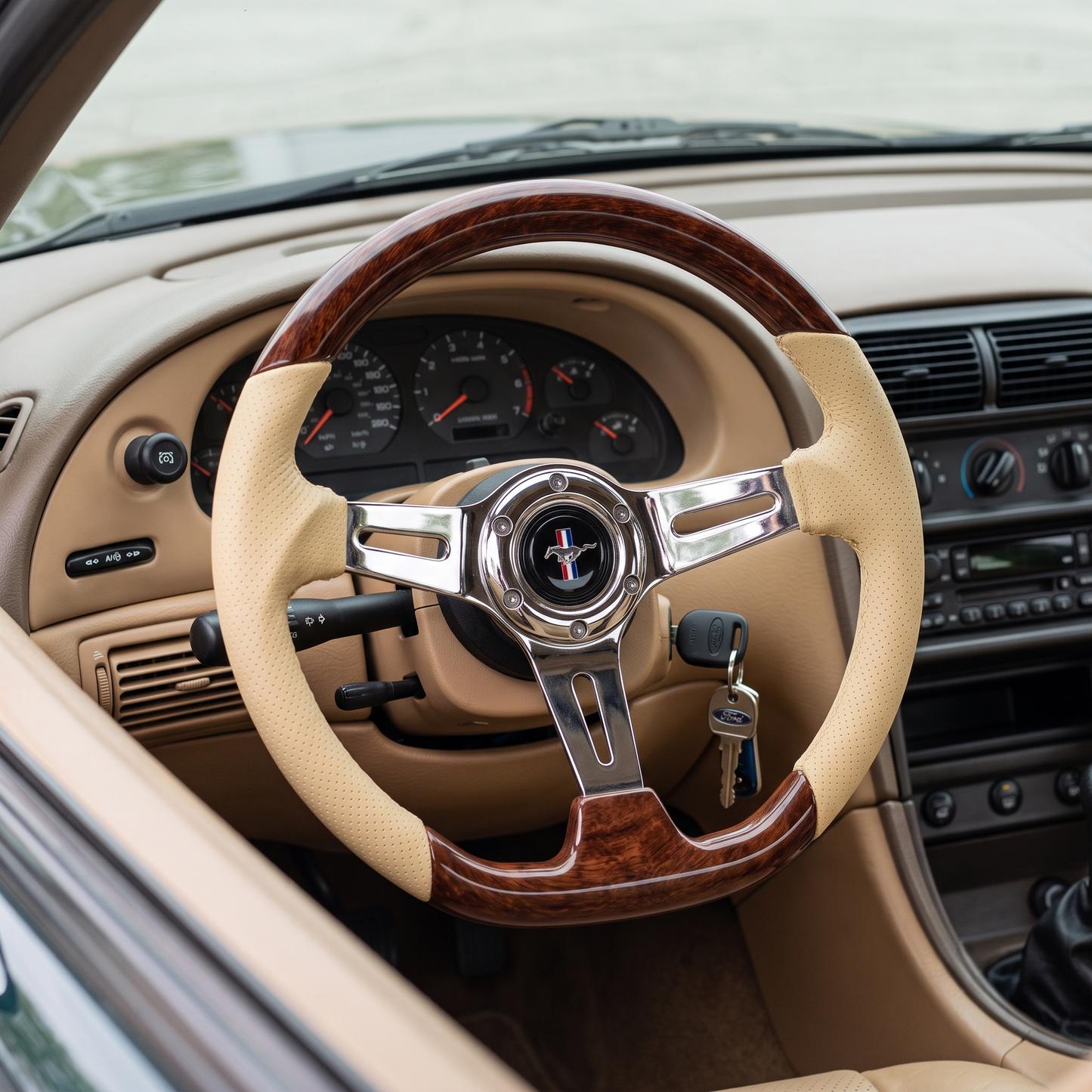 14" Leather-ABS Wood Steering Wheel for Ford Mustang