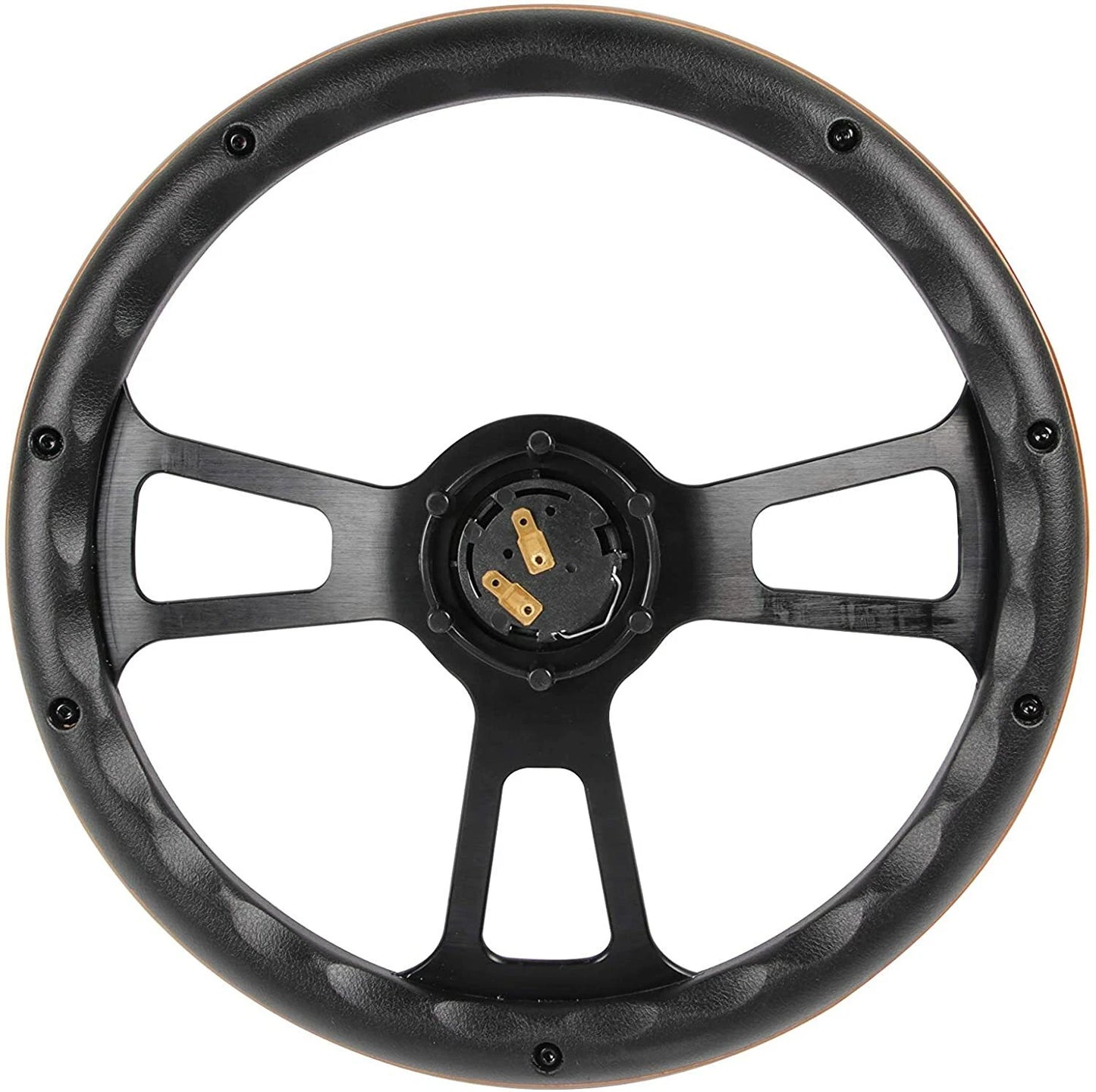 Black steering wheel with gold horn button contacts on a white background