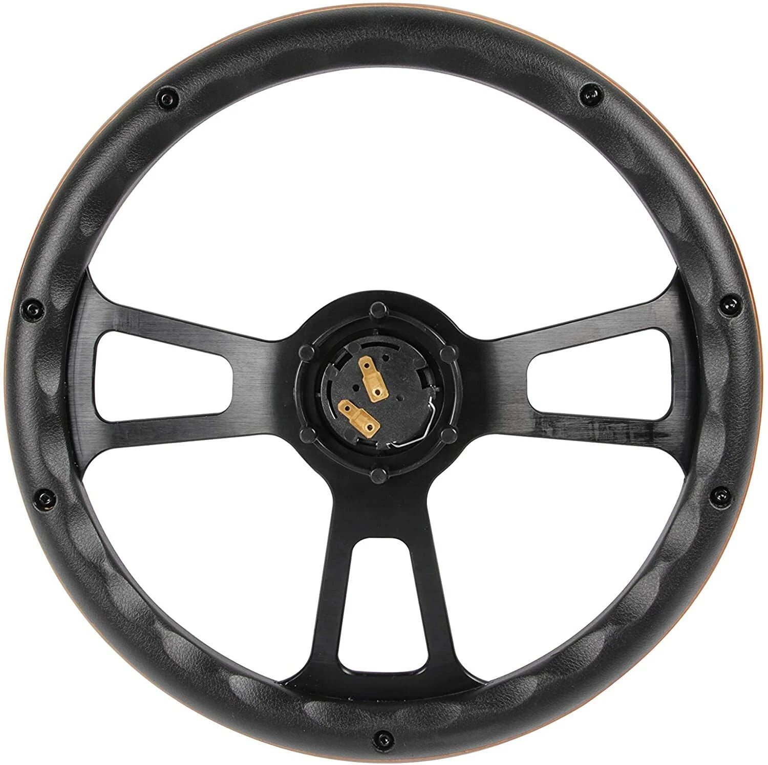 Black steering wheel with gold horn button contacts on a white background