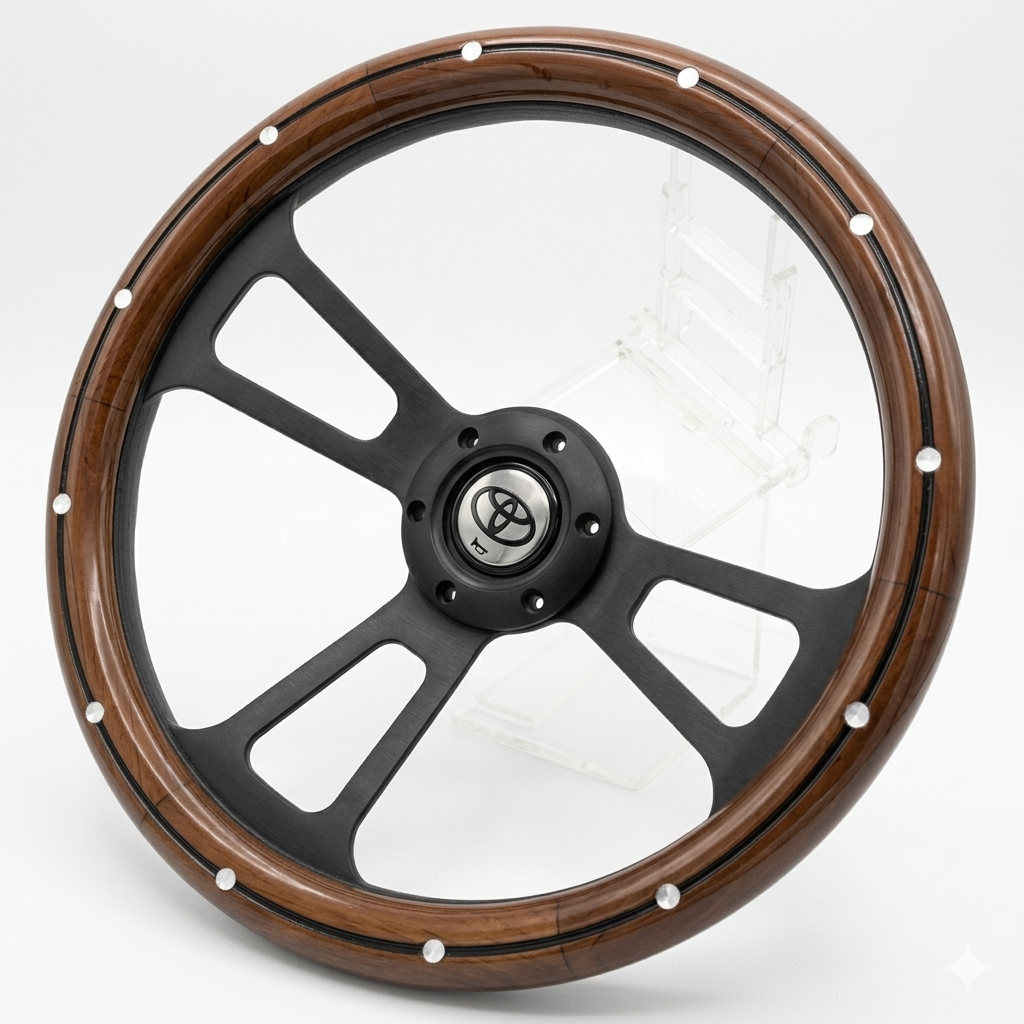 A pre-fabricated car wheel featuring a dark brown wood veneer rim and black multi-spoke center, with a visible Toyota emblem in the hub.
