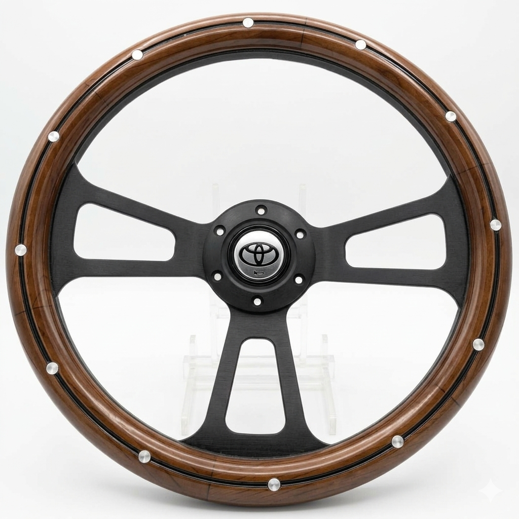A custom car steering wheel featuring a glossy black five-spoke center with a silver Toyota emblem, surrounded by a thick brown wood-grain outer rim accented with silver rivets.