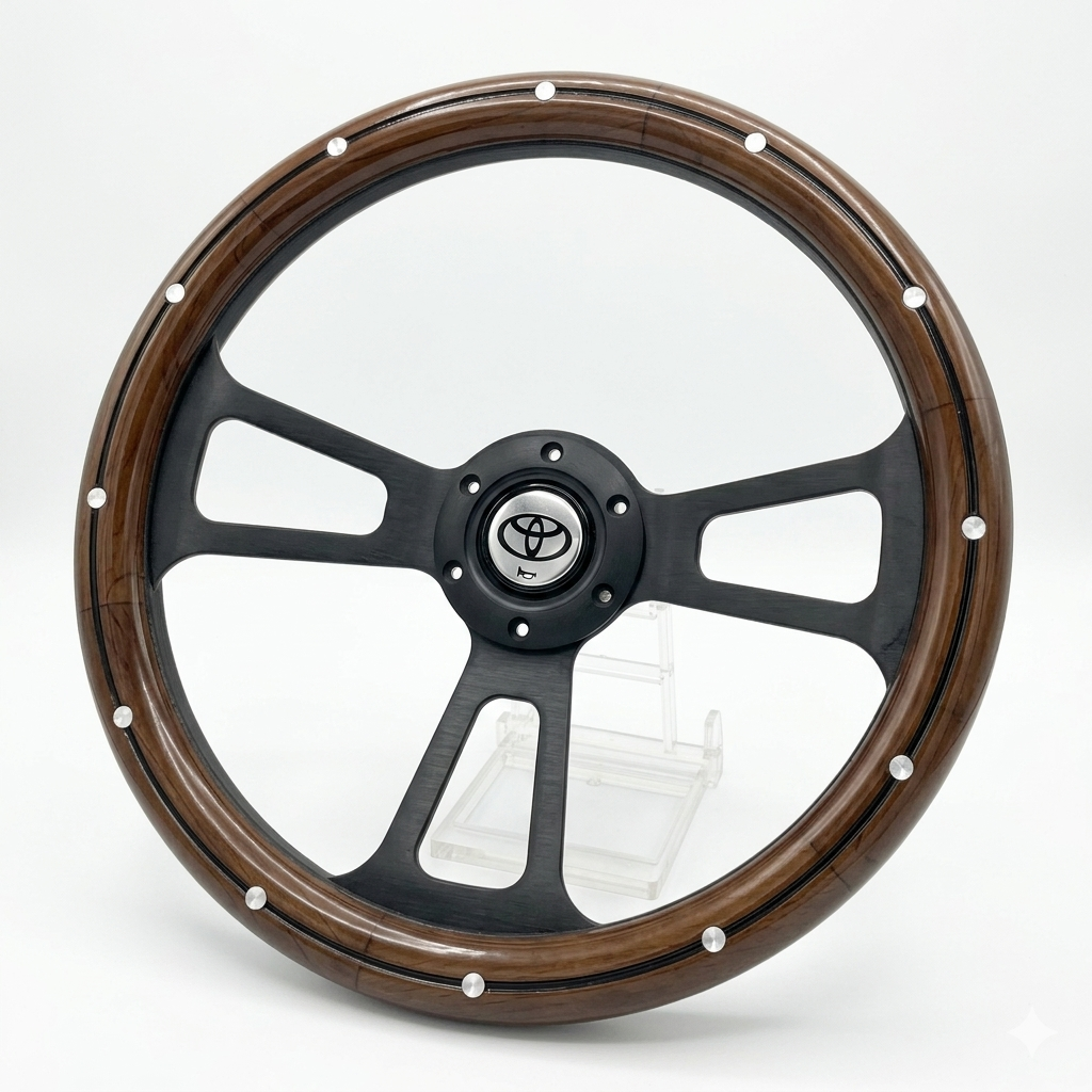 A custom car steering wheel featuring a dark brown wood grain outer rim with silver rivets, a matte black three-spoke center, and a central Toyota emblem.