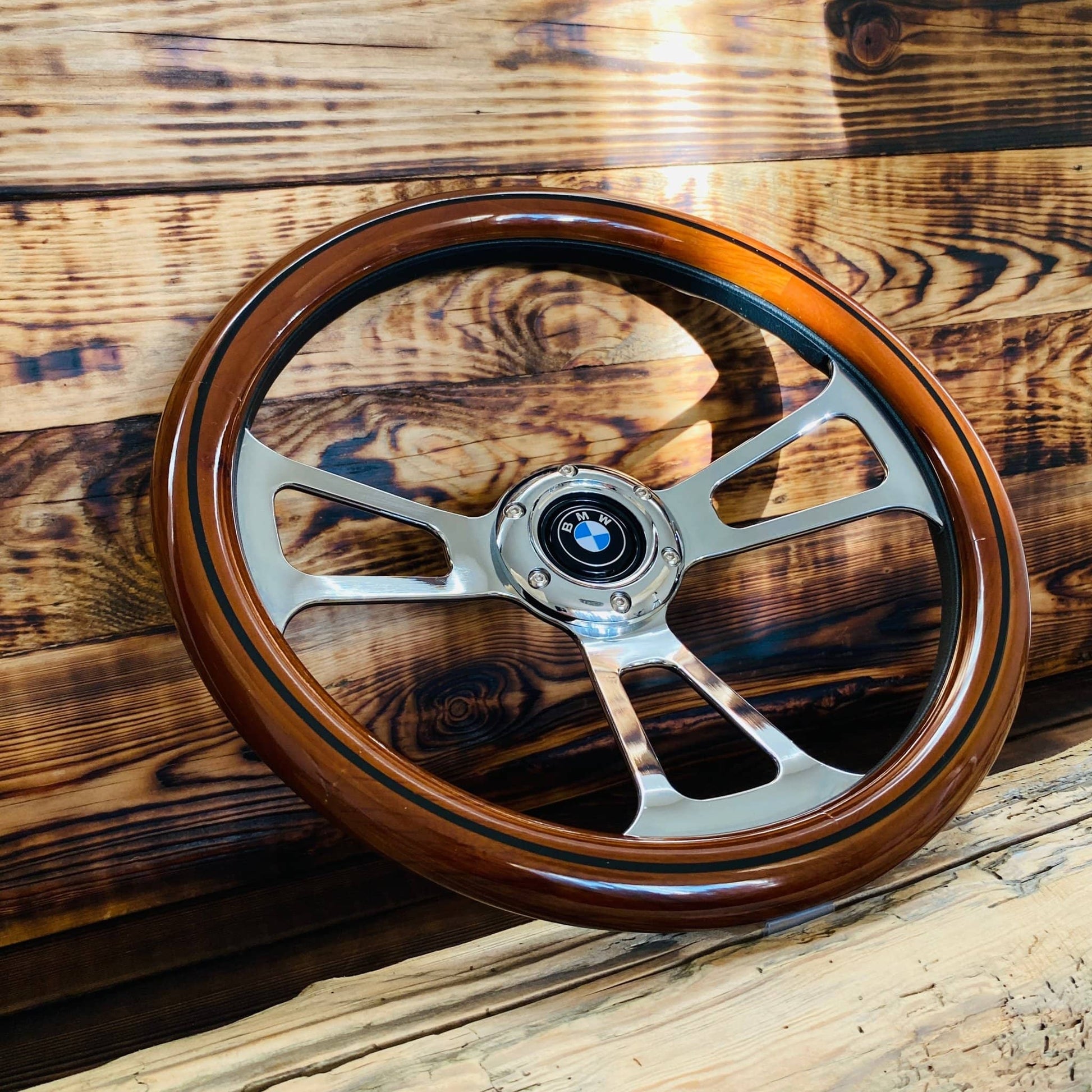 14 wood steering wheel for BMW polished wood and metal 14 inch fitment