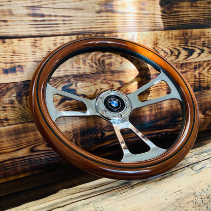 14 wood steering wheel for BMW polished wood and metal 14 inch fitment