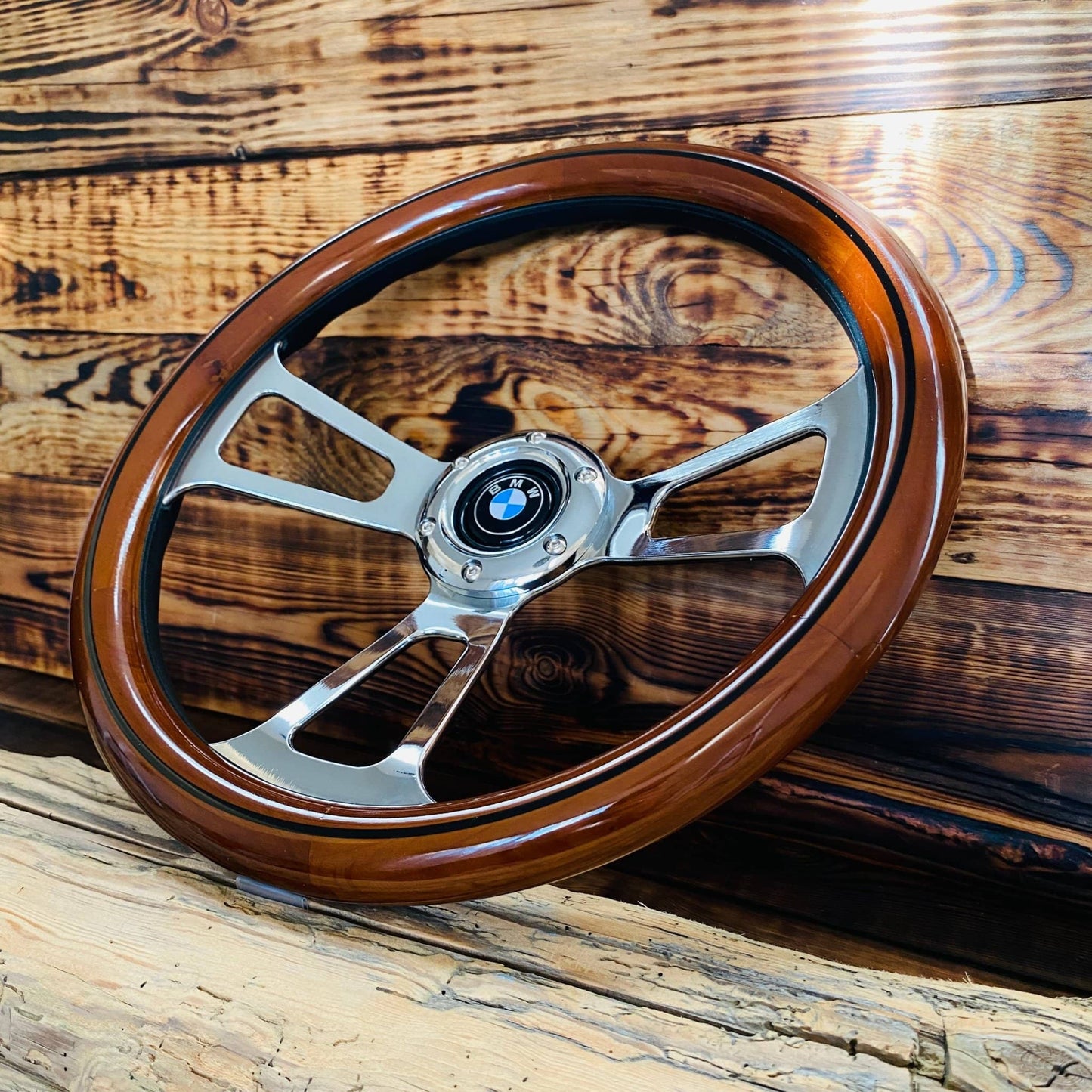 14 wood steering wheel for BMW with polished wood rim and metal spokes