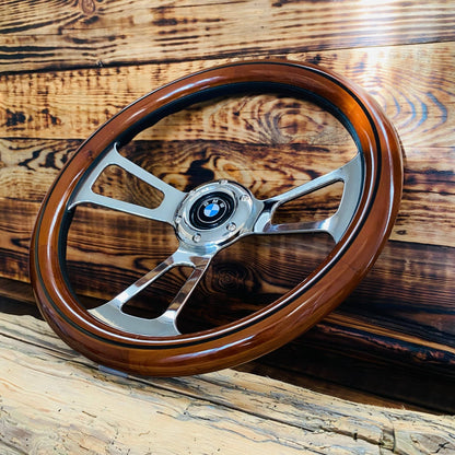 14 wood steering wheel for BMW with polished wood rim and metal spokes