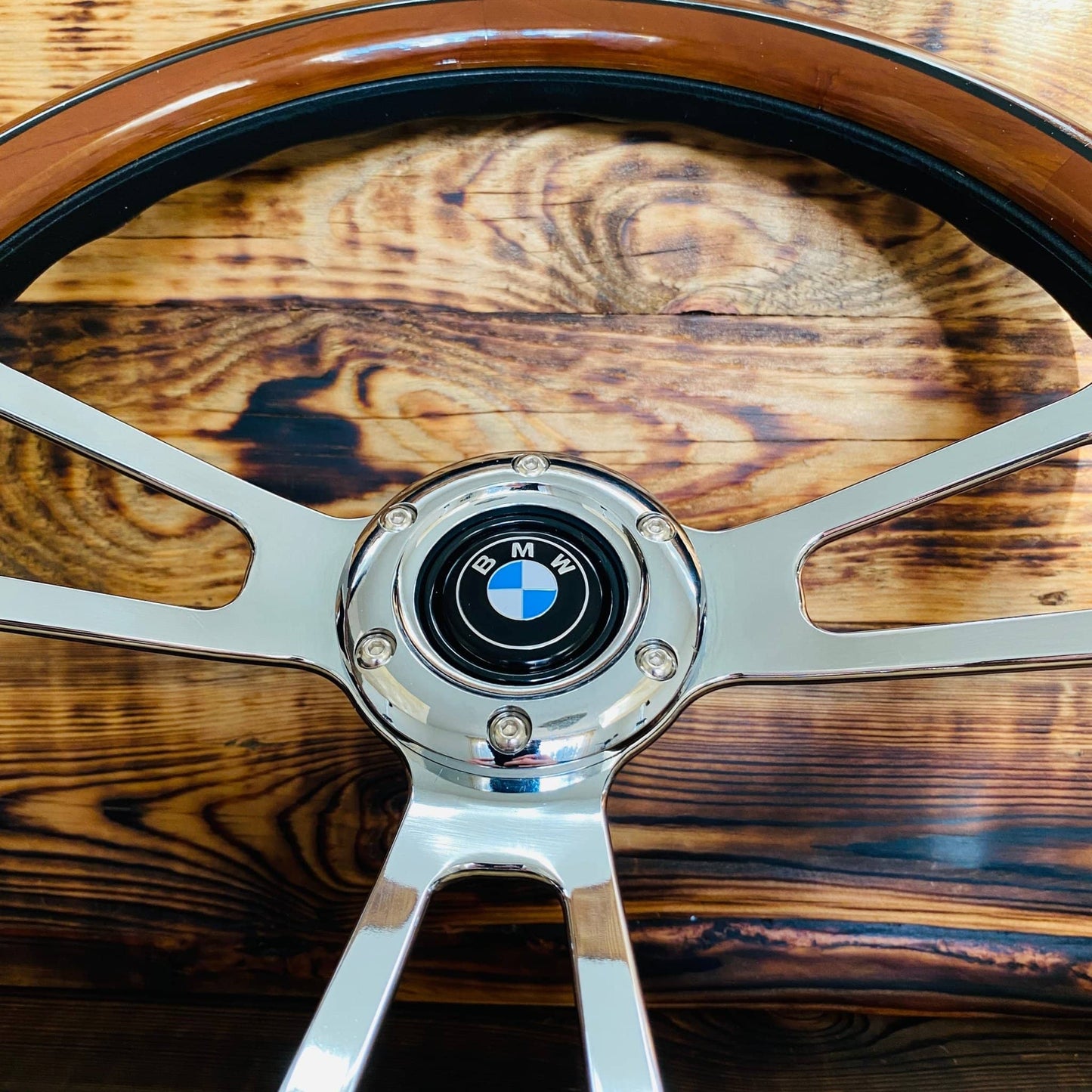 14 wood steering wheel for BMW with polished metal spokes and wood rim