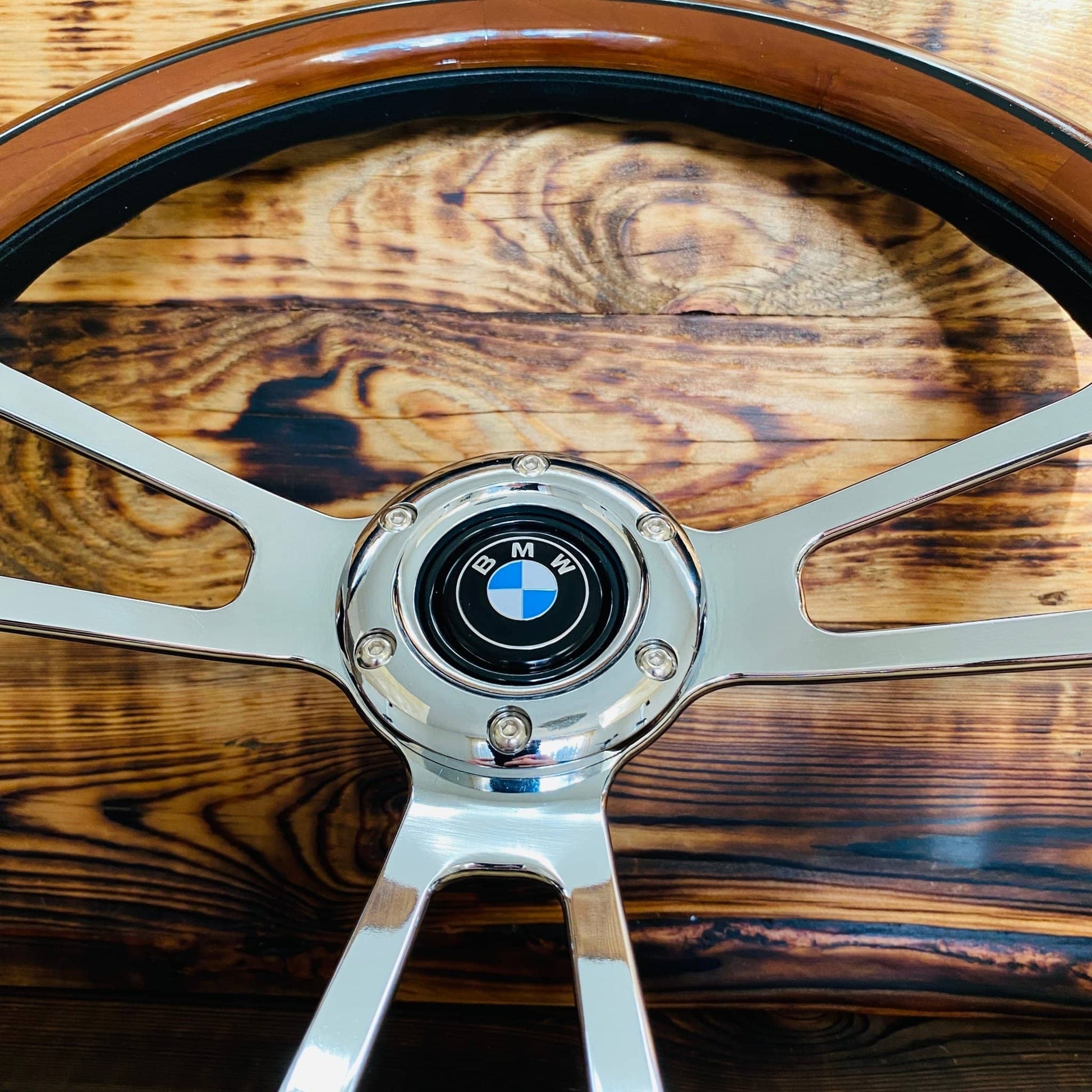 14 wood steering wheel for BMW with polished metal spokes and wood rim