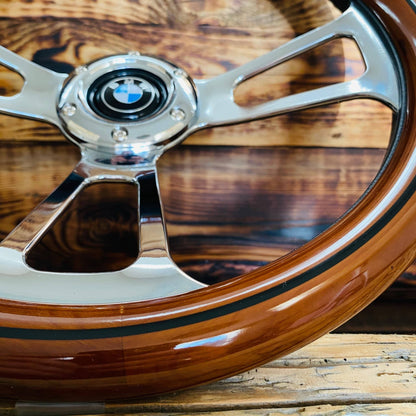 14 wood steering wheel for BMW with polished metal spokes and wooden rim