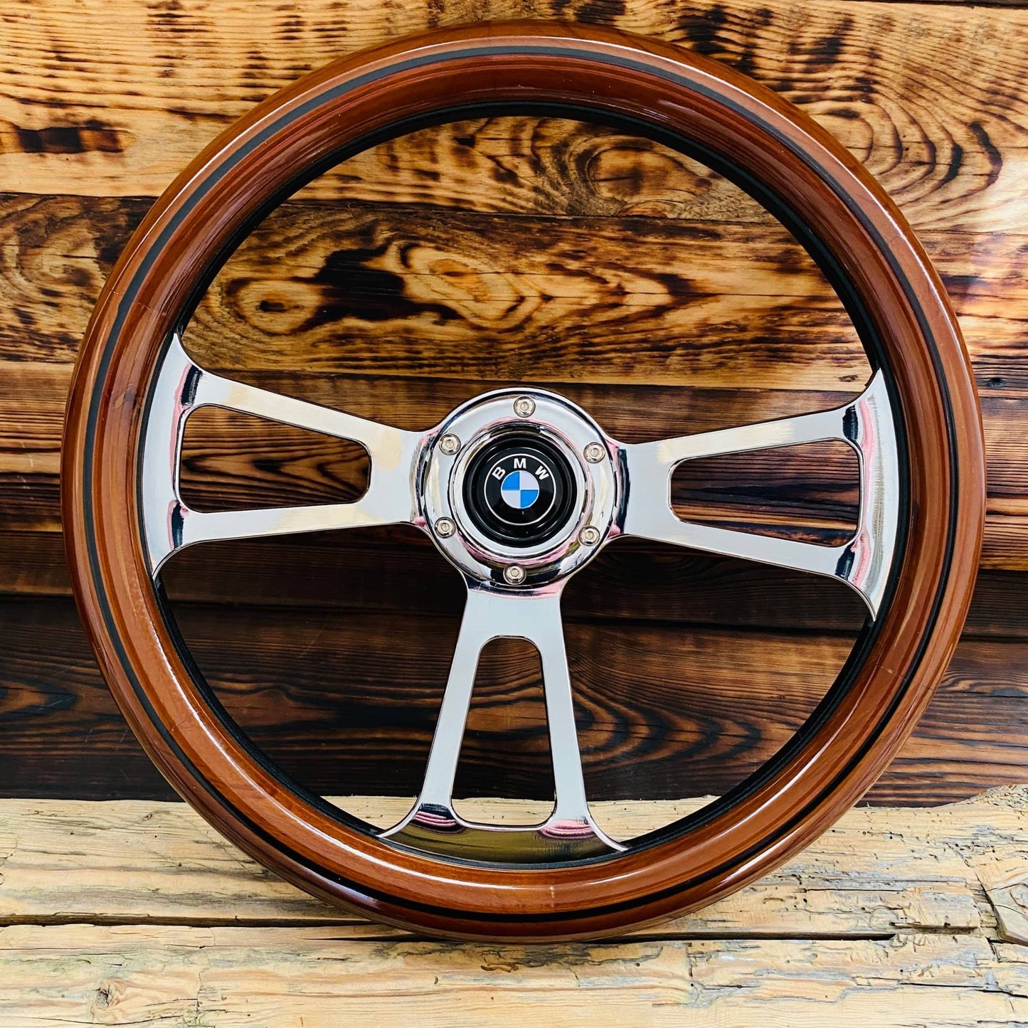 14 wood steering wheel for BMW with polished metal spokes