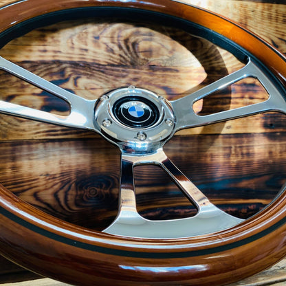 14 wood steering wheel for BMW with polished metal spokes and classic wooden rim