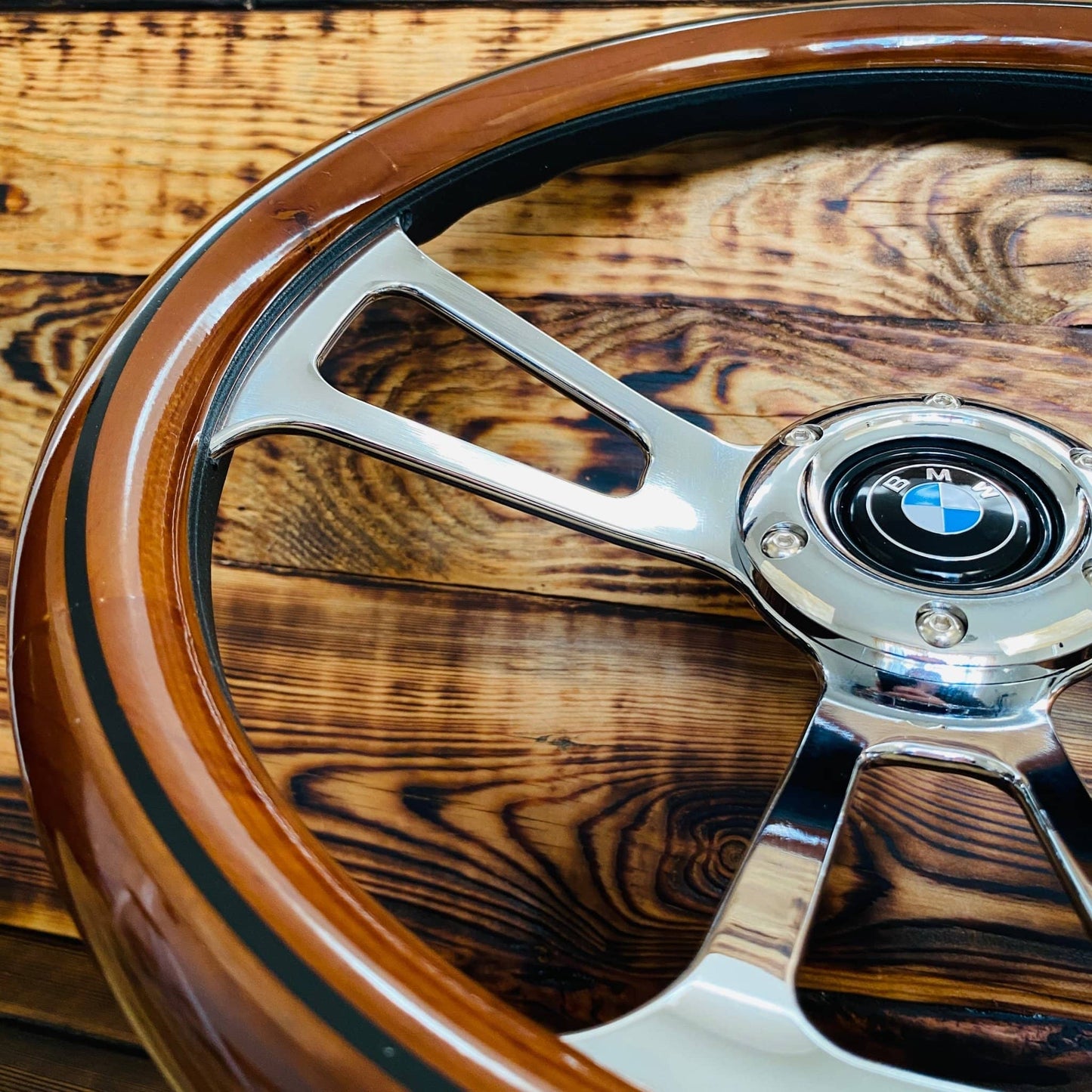 14 wood steering wheel for BMW by Punk Wheels with polished metal spokes