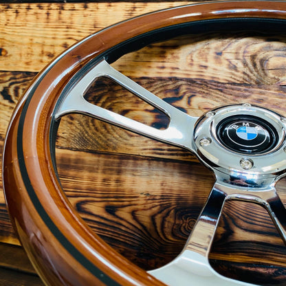 14 wood steering wheel for BMW by Punk Wheels with polished metal spokes