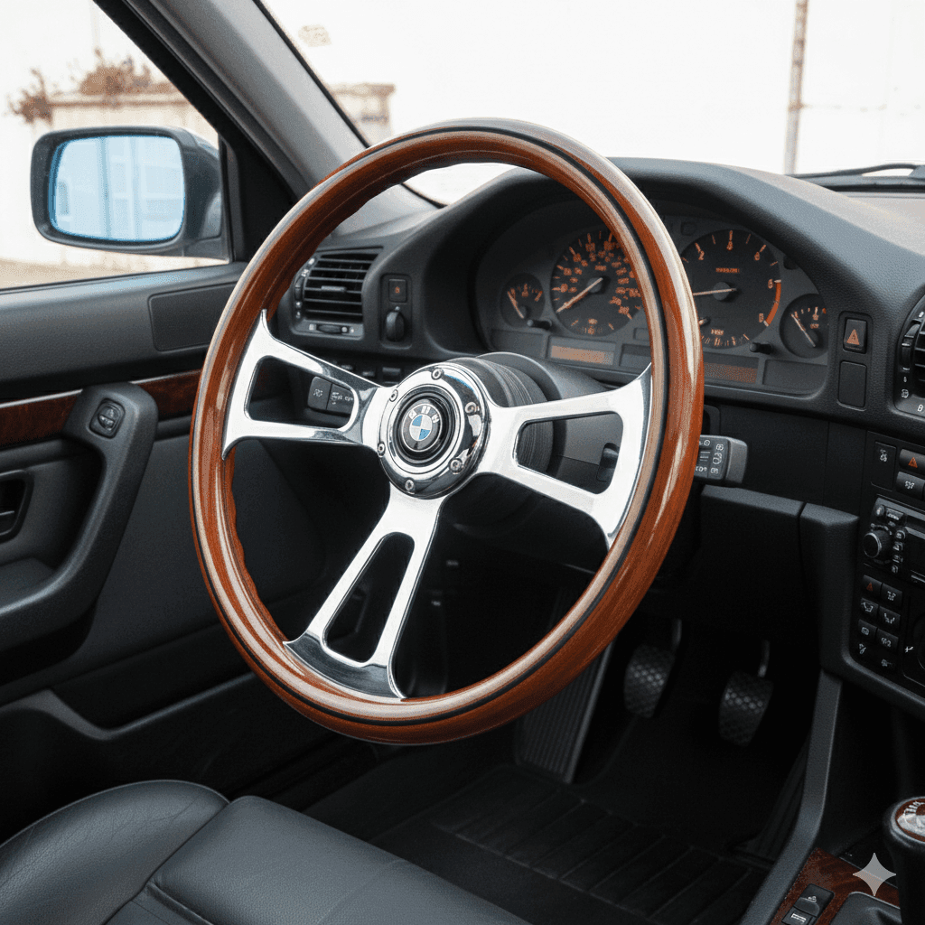14 wood steering wheel for BMW with polished metal spokes in classic car interior