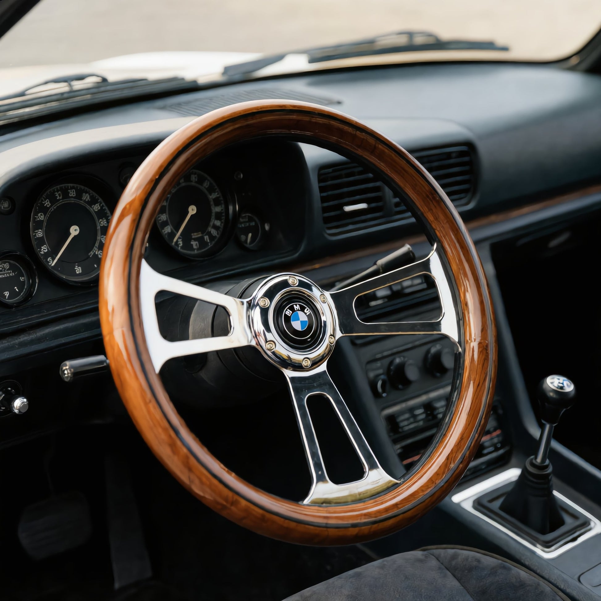 14 wood steering wheel for BMW with polished metal spokes and classic wood finish