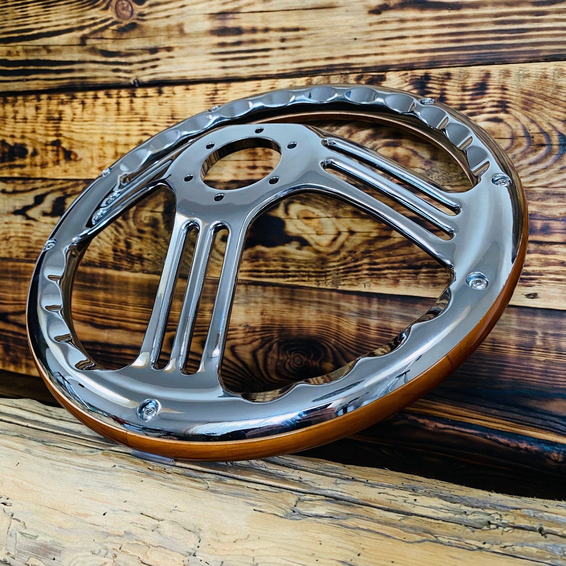 14in wood steering wheel with polished metal center for BMW steering wheel by Punk Wheels side view