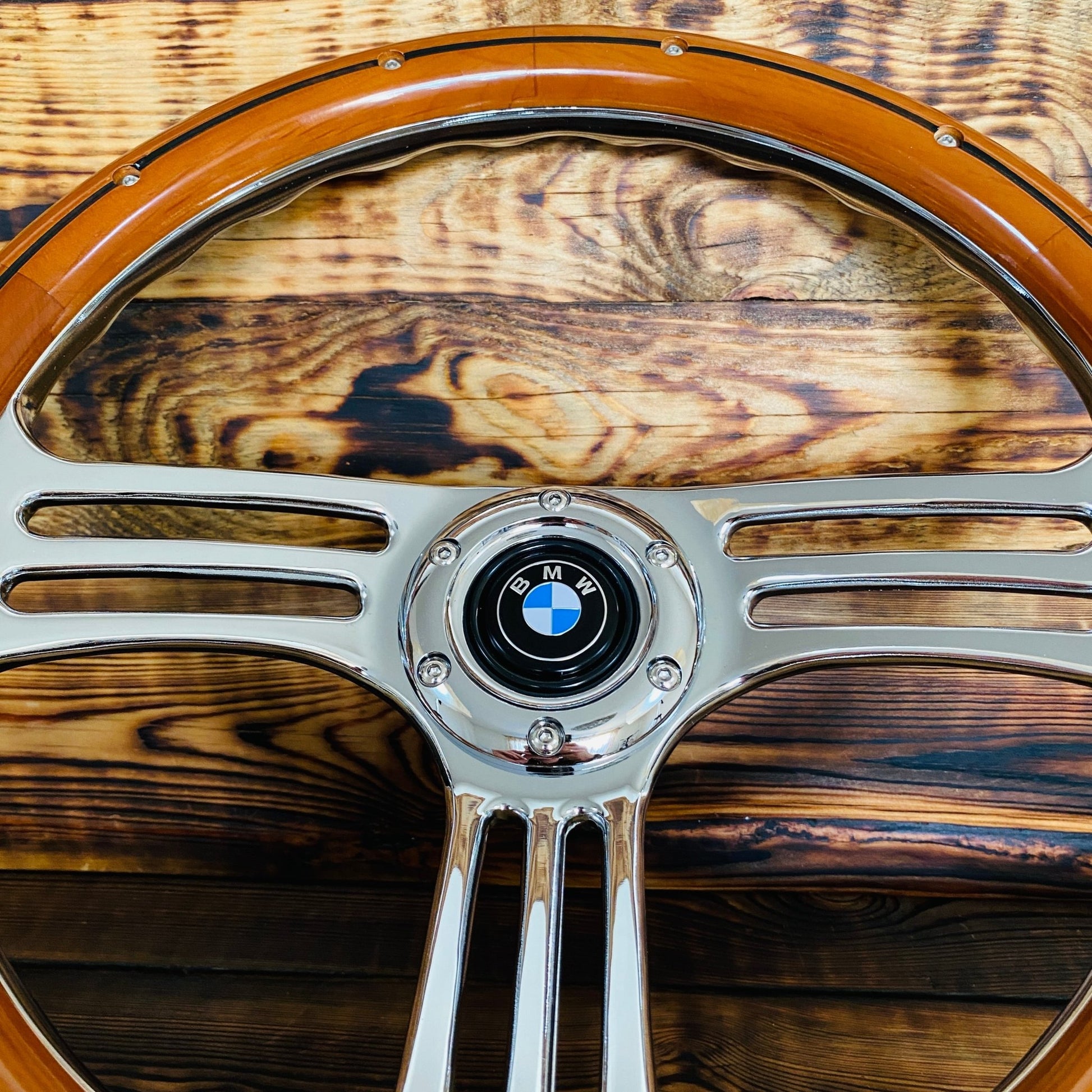 14in wood steering wheel with metal spokes and bmw emblem by Punk Wheels front view