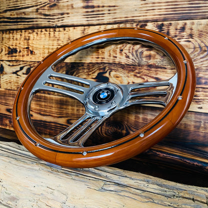 14in wood steering wheel with chrome spokes and bmw steering wheel emblem front view