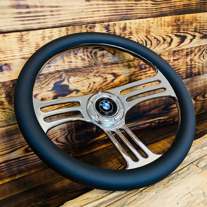 BMW Steering Wheel Leather 14" 350mm 6 Holes 70mm PCD Horn Button Chrome Spokes - Punk Wheels