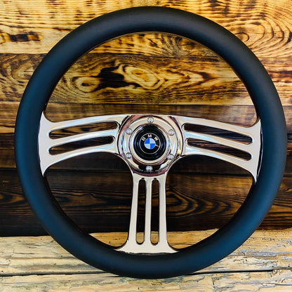 BMW Steering Wheel Leather 14" 350mm 6 Holes 70mm PCD Horn Button Chrome Spokes - Punk Wheels